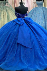 Royal Blue Off-Shoulder Ball Gown Sparkly Beaded Tulle Quinceanera Dress with Pleated Skirt & Lace-Up Back for Sweet 16 or Birthday Parties